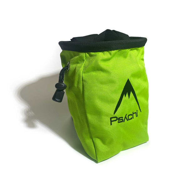 Green chalk bag with black mountain logo, a black waist strap and a black drawstring closure.