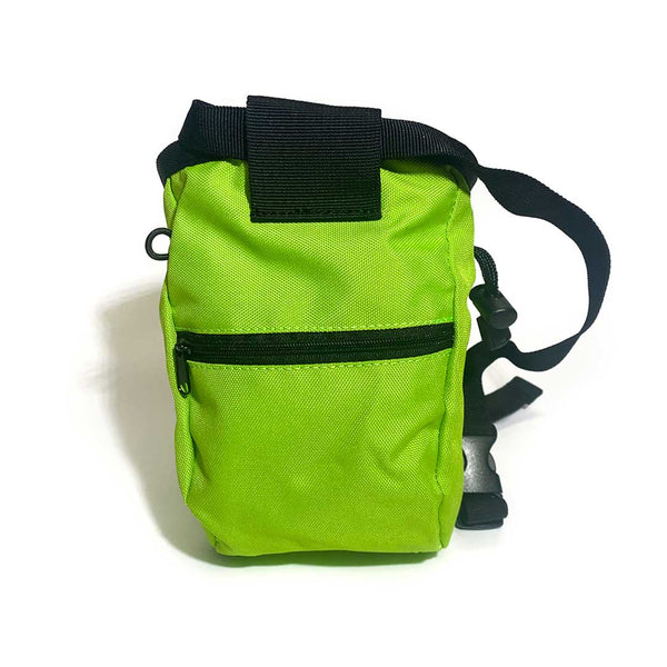Rear of green chalk bag with zipped pocket, a black waist strap and a black drawstring closure.