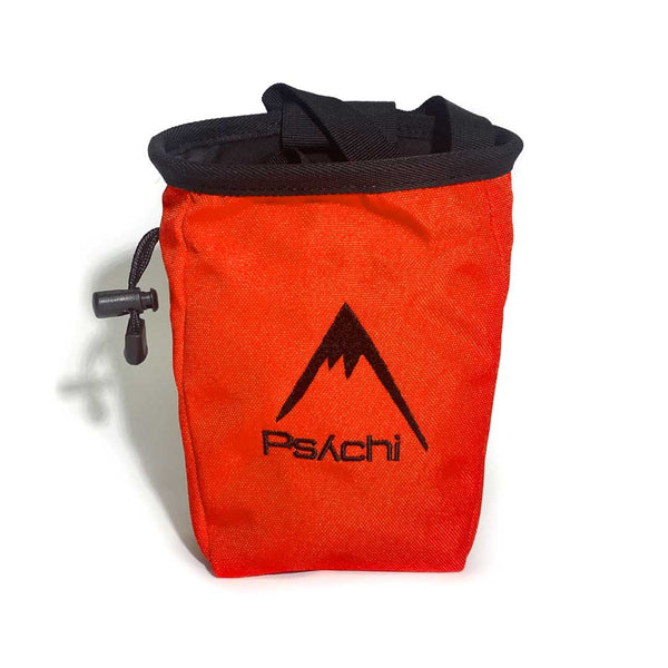 Orange chalk bag with black mountain logo, a black waist strap and a black drawstring closure.
