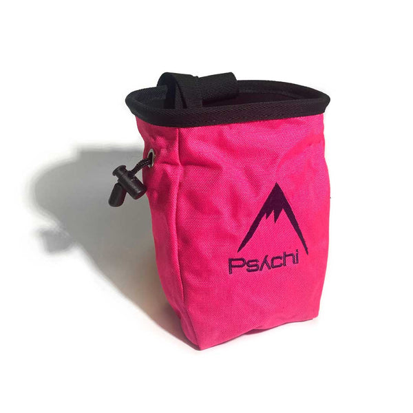 Pink chalk bag with purple mountain logo, a black waist strap and a black drawstring closure.