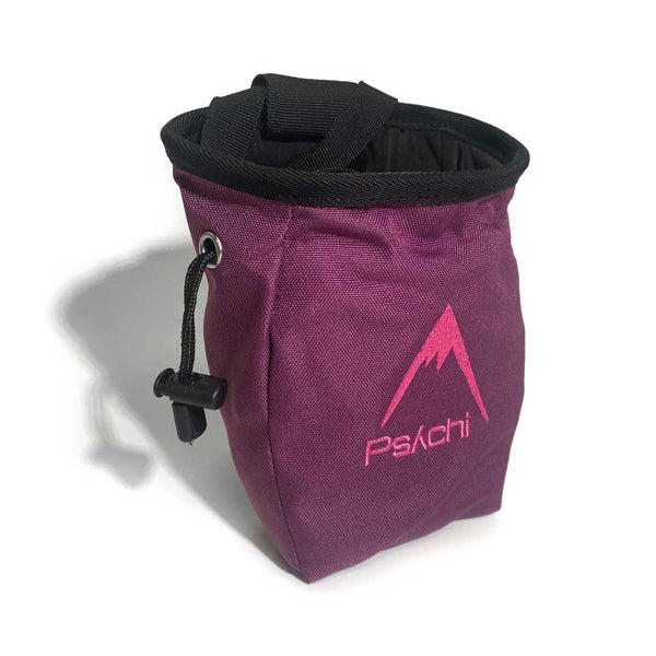 Purple chalk bag with pink mountain logo, a black waist strap and a black drawstring closure.