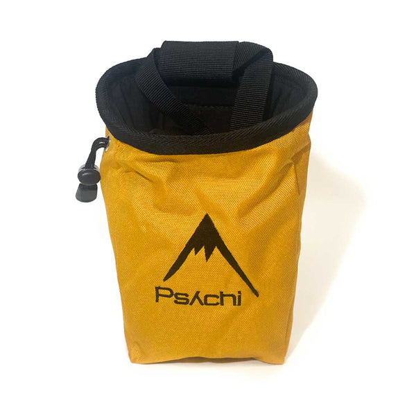 Yellow chalk bag with black mountain logo, a black waist strap and a black drawstring closure.