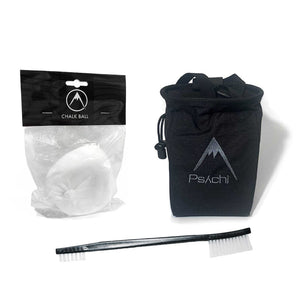 black chalk bag and chalk ball with climbing brush