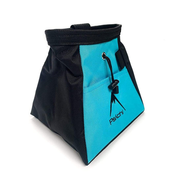 A blue and black bucket bag, with black mountain psychi logo, front pocket, a wide base, brush holder and a drawstring closure.