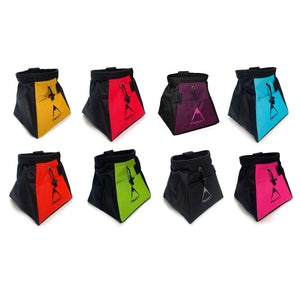 Eight bucket bags in yellow, red, purple, pink, orange, green, blue and black.