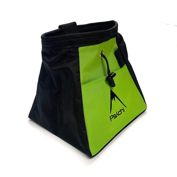 A green and black bucket bag, with black mountain psychi logo, front pocket, a wide base, brush holder and a drawstring closure.