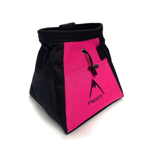 A pink and black bucket bag, with purple mountain psychi logo, front pocket, a wide base, brush holder and a drawstring closure.