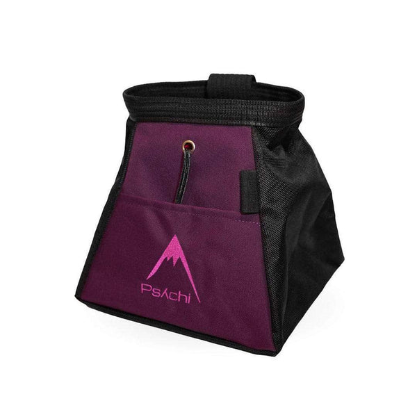 A purple and black bucket bag, with pink mountain psychi logo, front pocket, a wide base, brush holder and a drawstring closure.