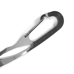 Thin silver metal carabiner clip.