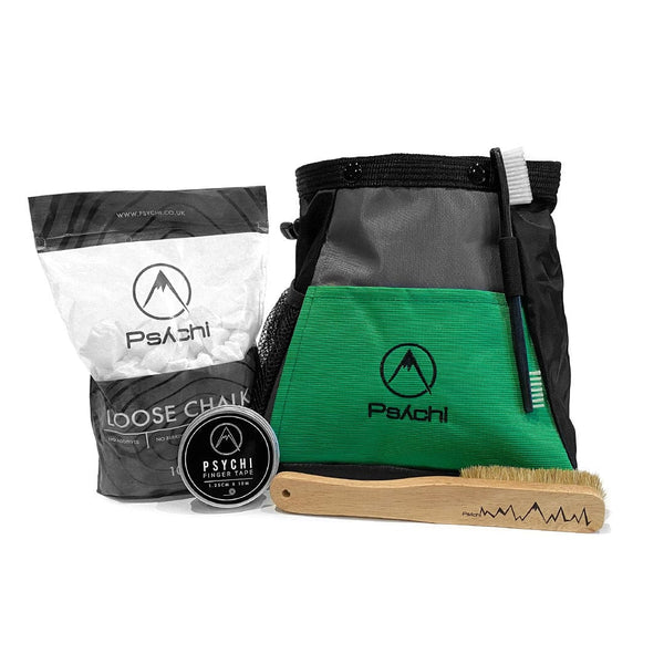 Green Bouldering Bucket chalk bag with black mountain logo in a pack with climbing chalk, climber tape and a bouldering brushes